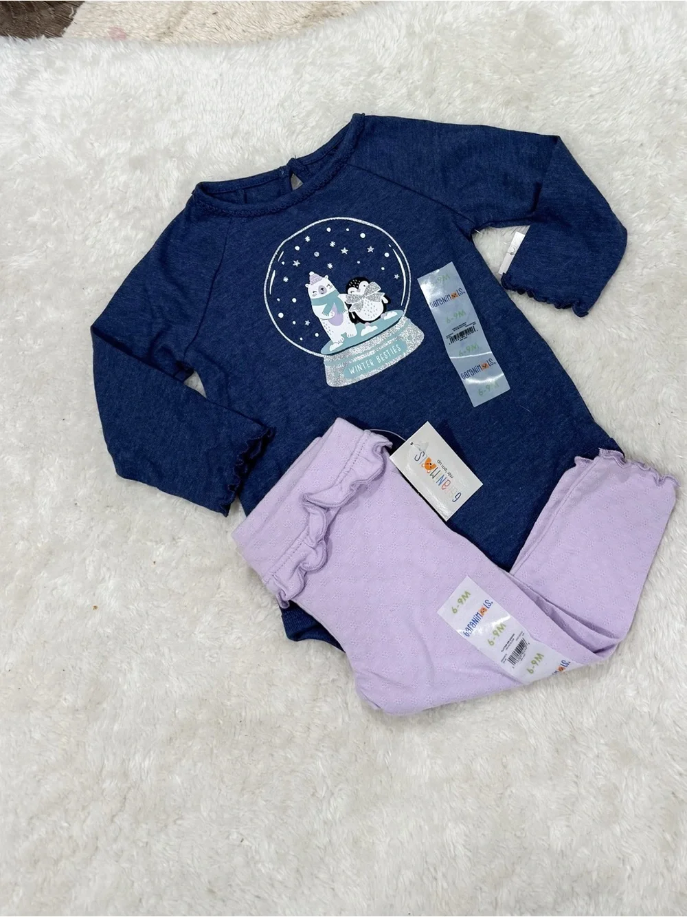 Kids Baby 2-Piece Navy & Light Purple Outfit  Set with Snow Globe Print, Ruffle